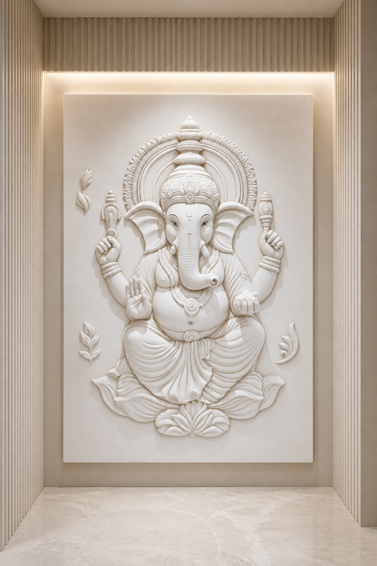Ganesha Entry Shrine satin white Corian wall panel, front view in the South Mumbai entrance sanctuary