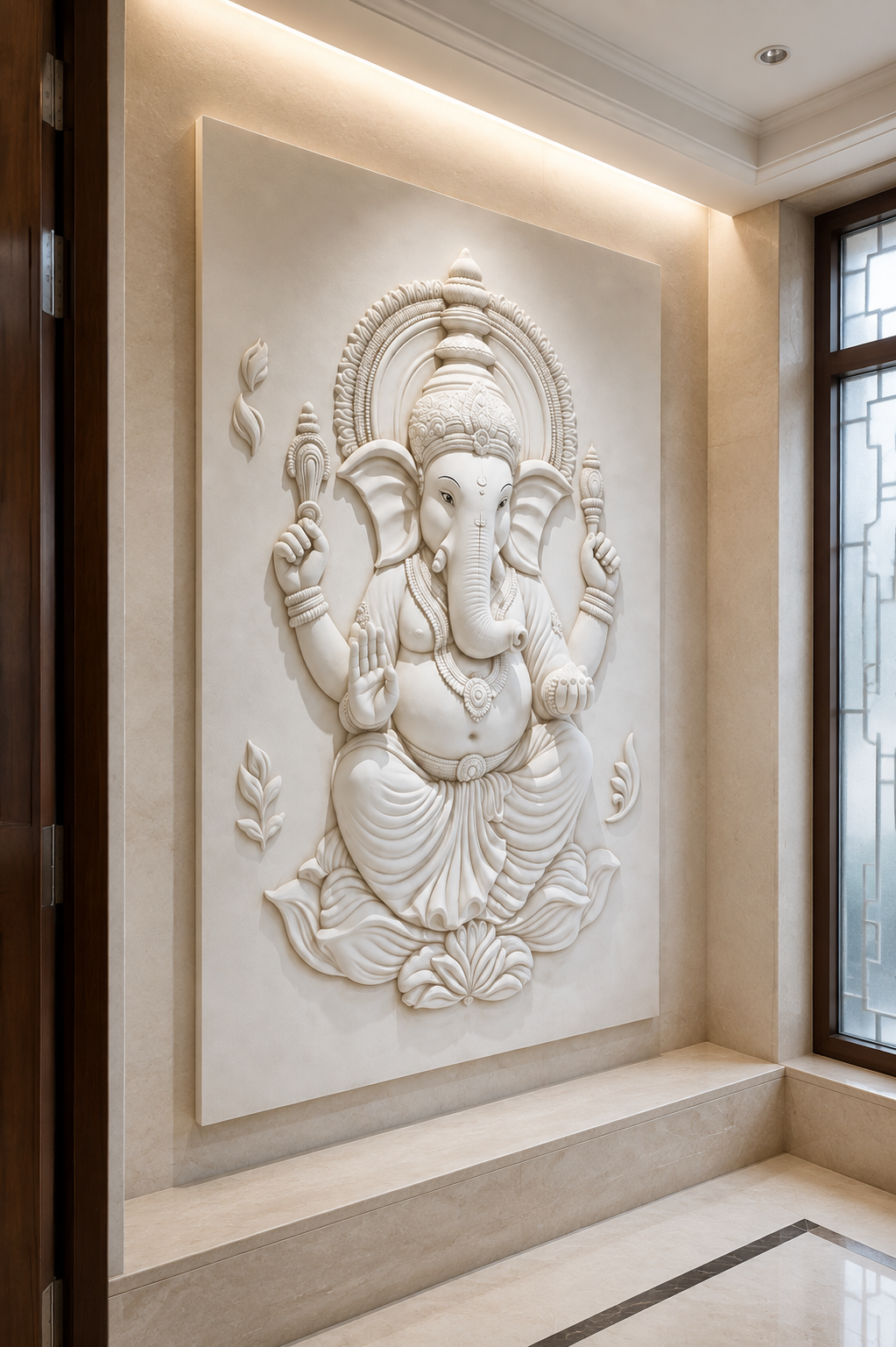 Ganesha Entry Shrine satin white Corian wall panel, left view in the Ghatkopar pooja foyer