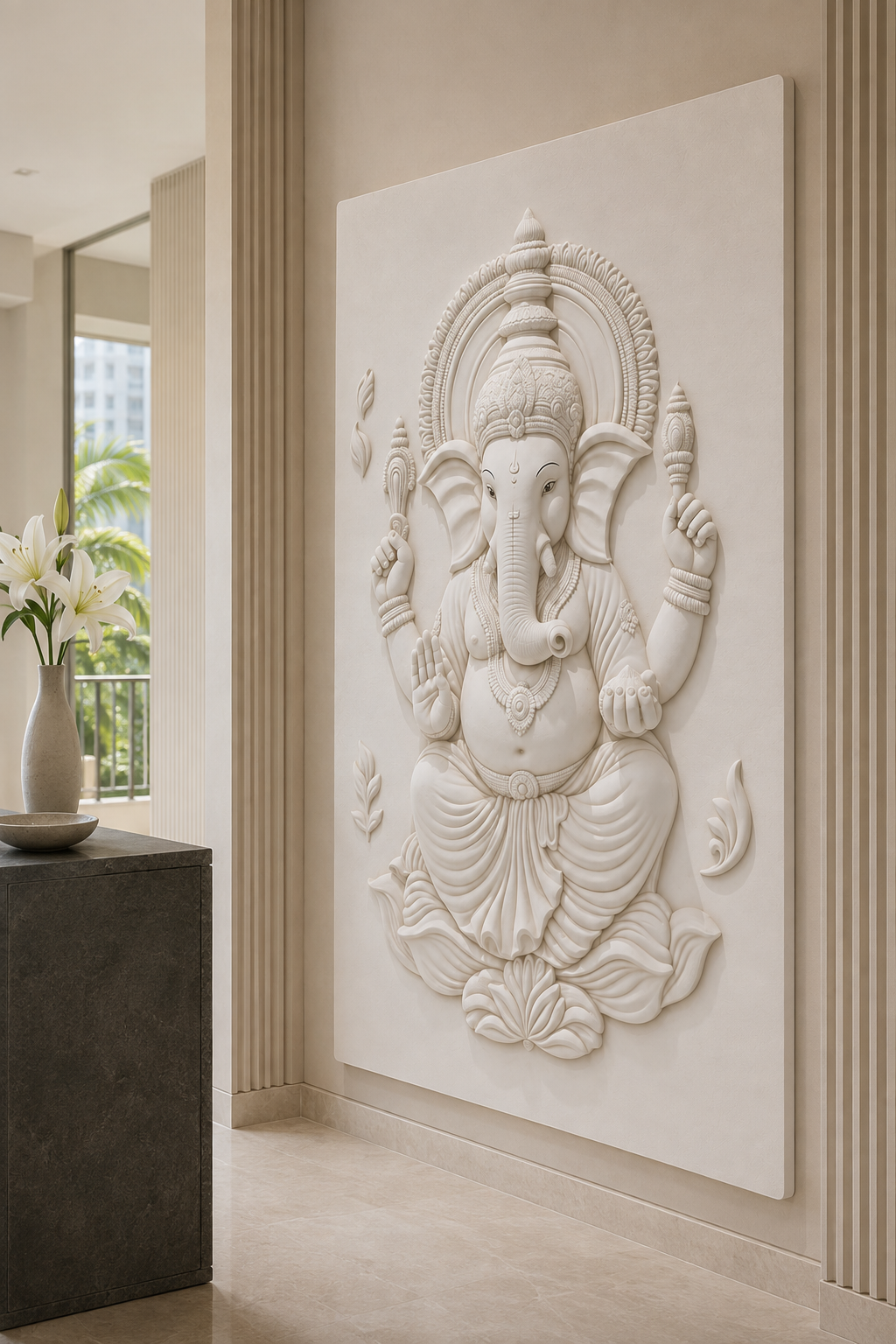 Ganesha Entry Shrine satin white Corian wall panel, right view in the Juhu family prayer lounge