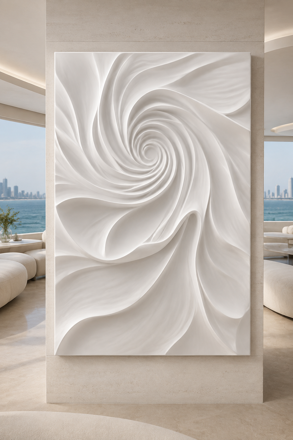 Spiral Petal Vortex satin white Corian wall panel, front view in the Worli sea-view living lounge