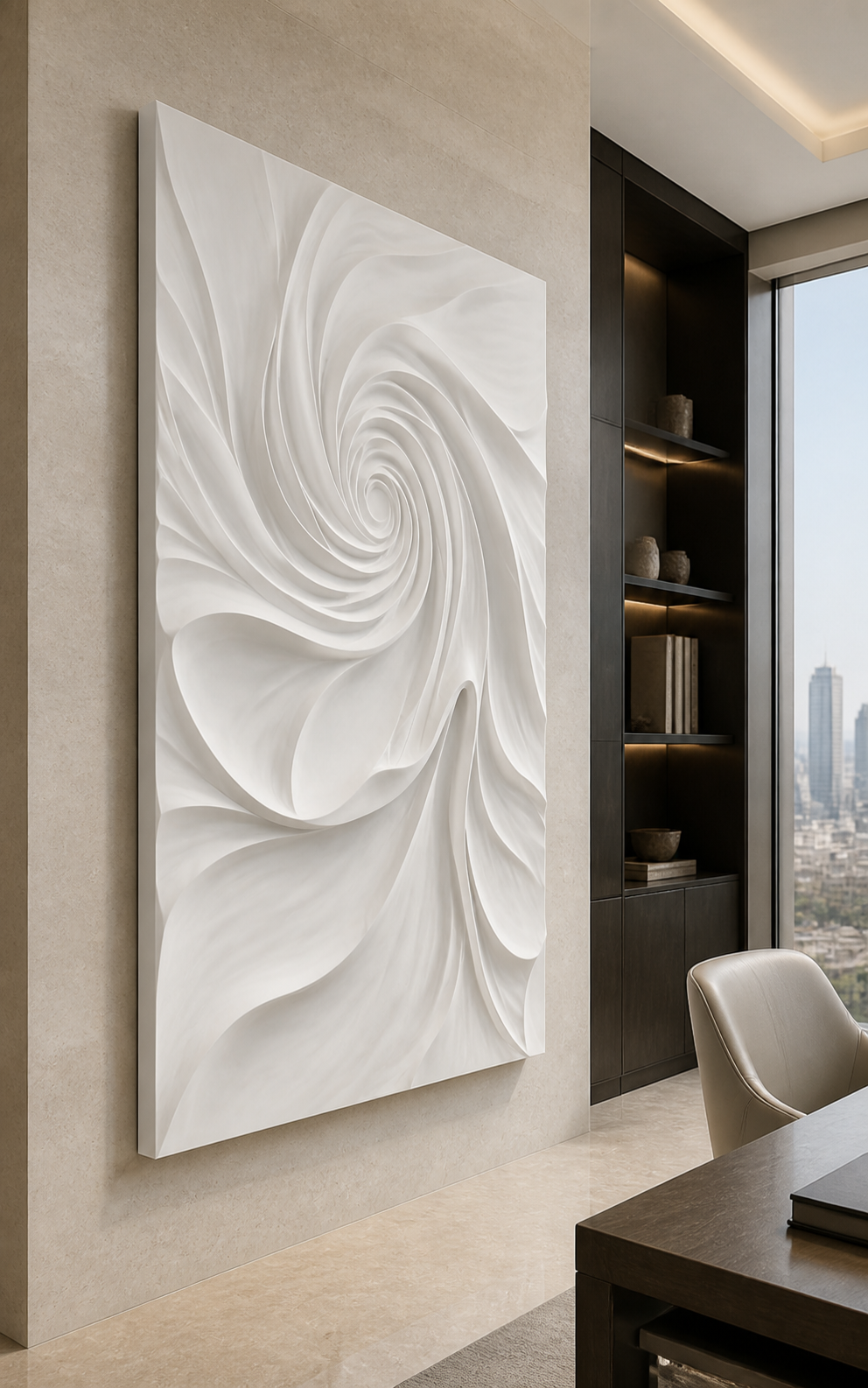 Spiral Petal Vortex satin white Corian wall panel, left view in the BKC executive study