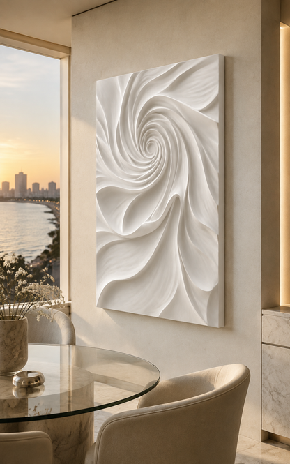 Spiral Petal Vortex satin white Corian wall panel, right view in the Marine Drive dining alcove