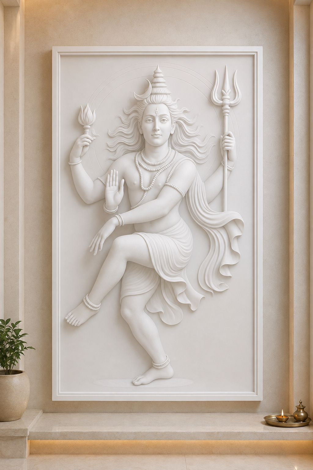 Shiva Trishul Blessing satin white Corian wall panel, front view in the Ghatkopar pooja foyer