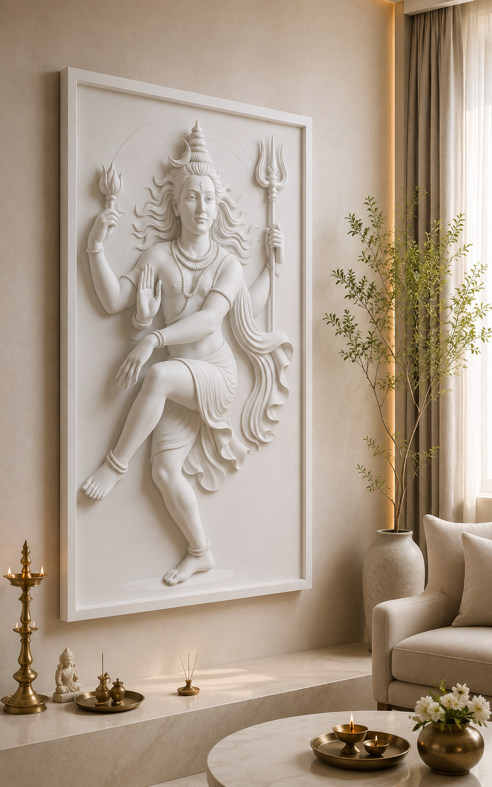 Shiva Trishul Blessing satin white Corian wall panel, left view in the Juhu family prayer lounge