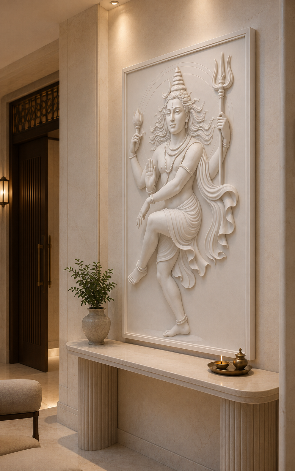 Shiva Trishul Blessing satin white Corian wall panel, right view in the South Mumbai entrance sanctuary