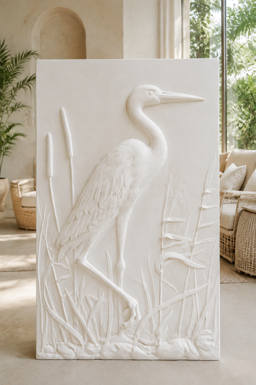 Crane Reed Passage satin white Corian wall panel, front view in the Bandra sunroom