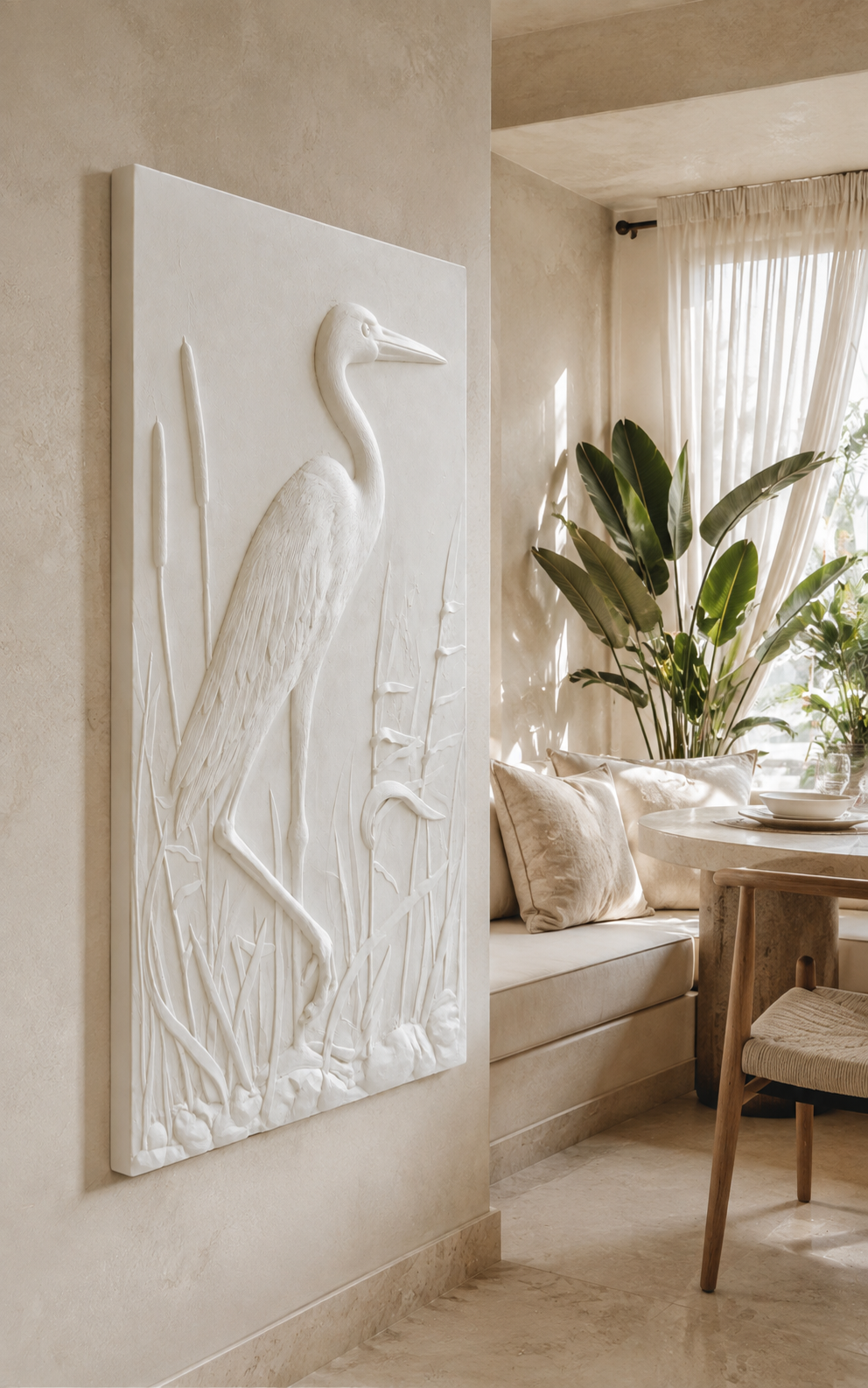 Crane Reed Passage satin white Corian wall panel, left view in the Juhu breakfast nook