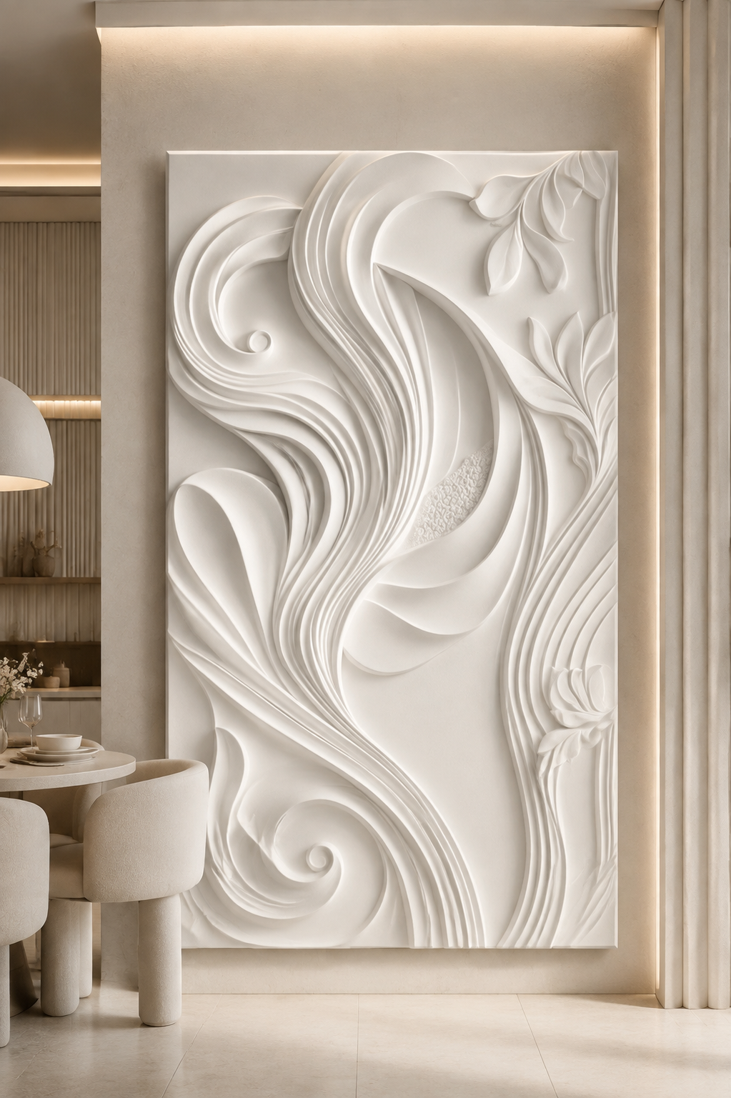 Lily Ribbon Current satin white Corian wall panel, front view in the Lower Parel dining lounge