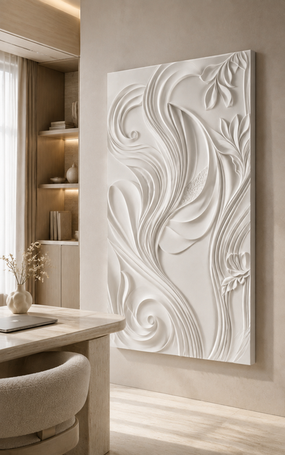 Lily Ribbon Current satin white Corian wall panel, left view in the BKC home-office gallery