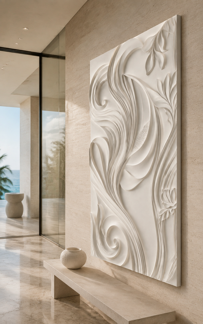 Lily Ribbon Current satin white Corian wall panel, right view in the Worli entrance passage