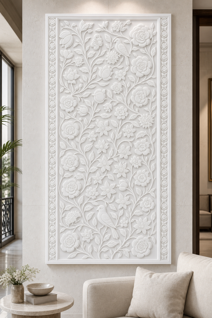 Garden Bird Tapestry satin white Corian wall panel, front view in the South Mumbai formal living room