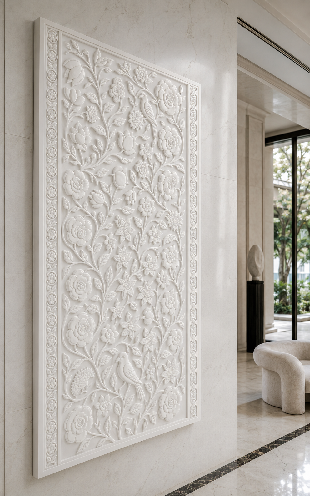 Garden Bird Tapestry satin white Corian wall panel, left view in the Malabar Hill entrance gallery