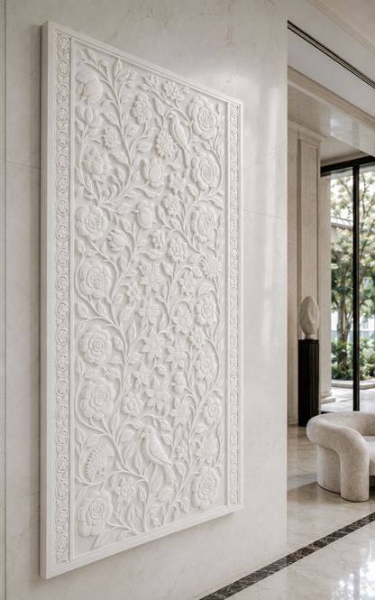 Garden Bird Tapestry satin white Corian wall panel, left view in the Malabar Hill entrance gallery