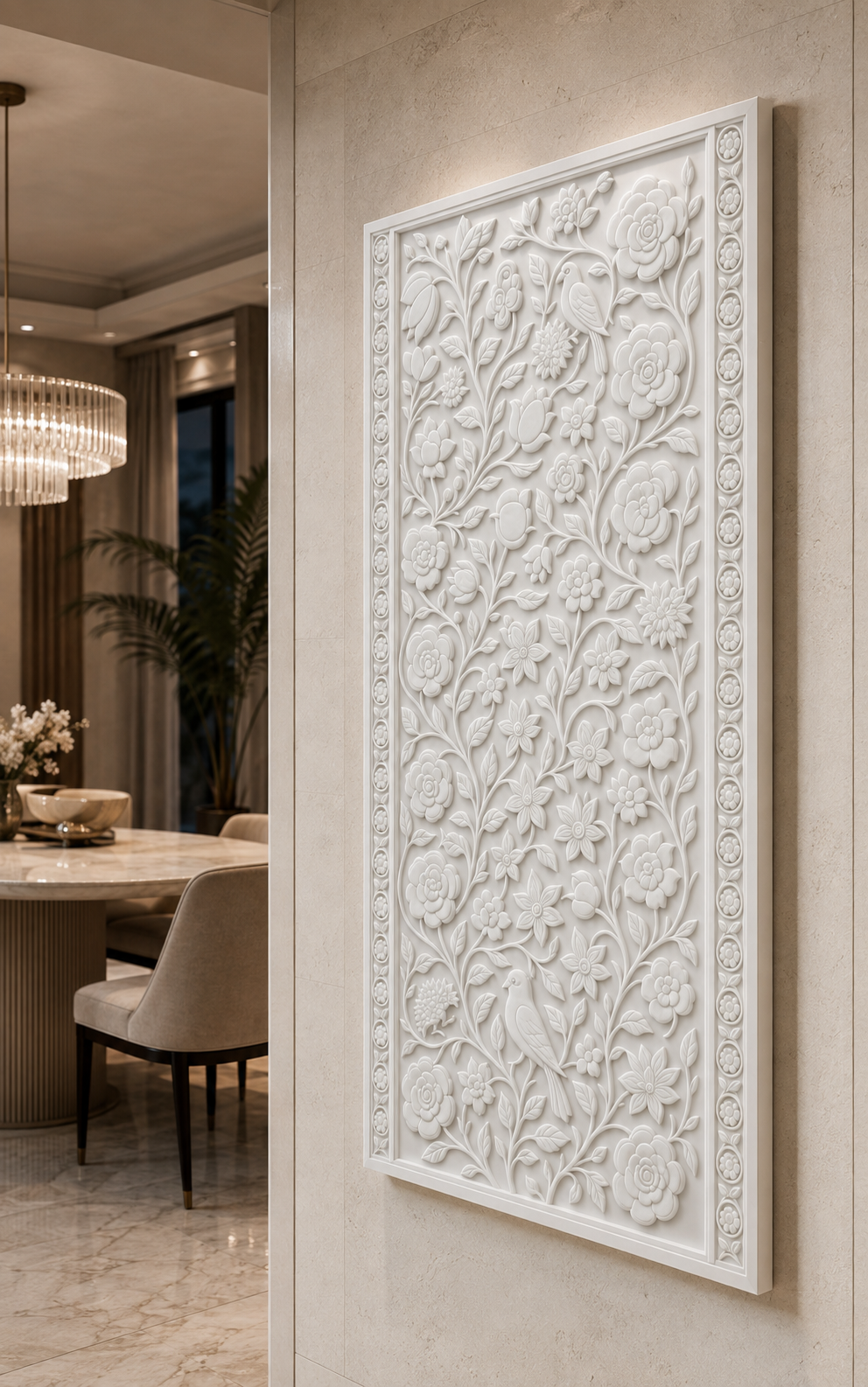 Garden Bird Tapestry satin white Corian wall panel, right view in the Juhu dining foyer