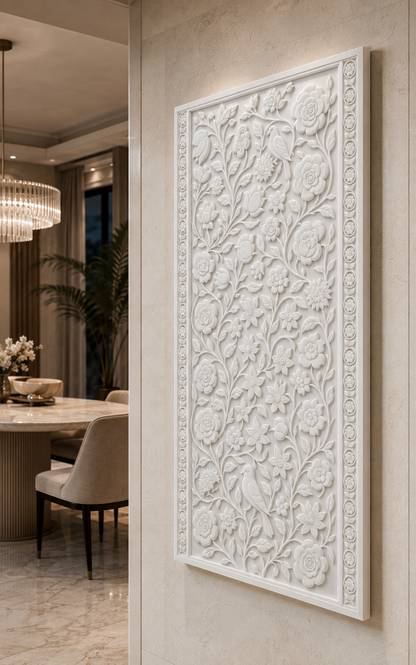 Garden Bird Tapestry satin white Corian wall panel, right view in the Juhu dining foyer