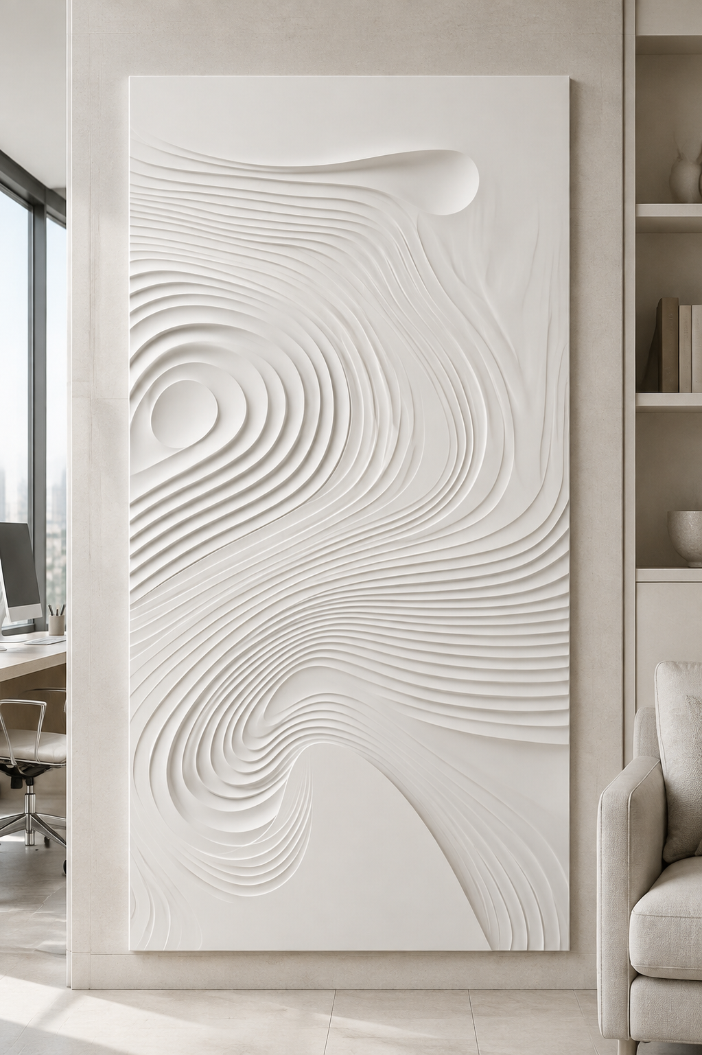 Sandbar Contour Flow satin white Corian wall panel, front view in the BKC home office lounge