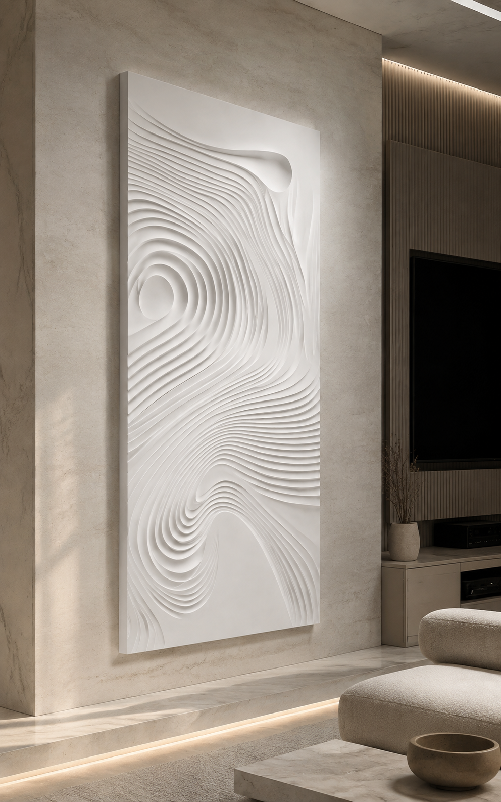 Sandbar Contour Flow satin white Corian wall panel, left view in the Powai media room