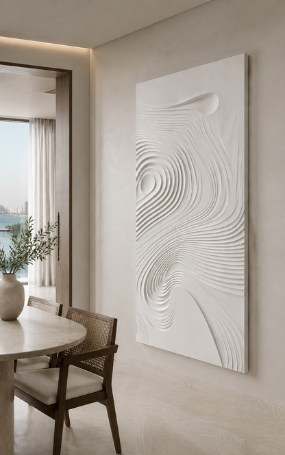 Sandbar Contour Flow satin white Corian wall panel, right view in the Worli dining passage
