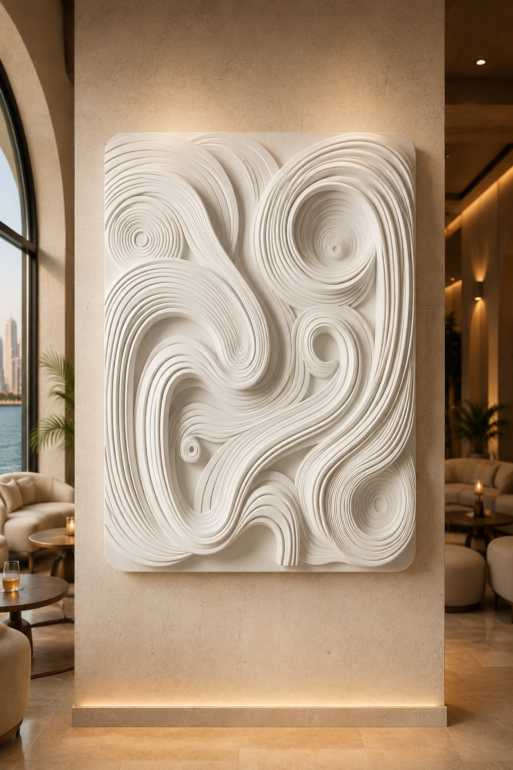 Coiled Wave Labyrinth satin white Corian wall panel, front view in the Marine Drive cocktail lounge