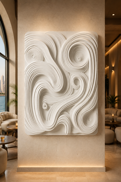Coiled Wave Labyrinth satin white Corian wall panel, front view in the Marine Drive cocktail lounge