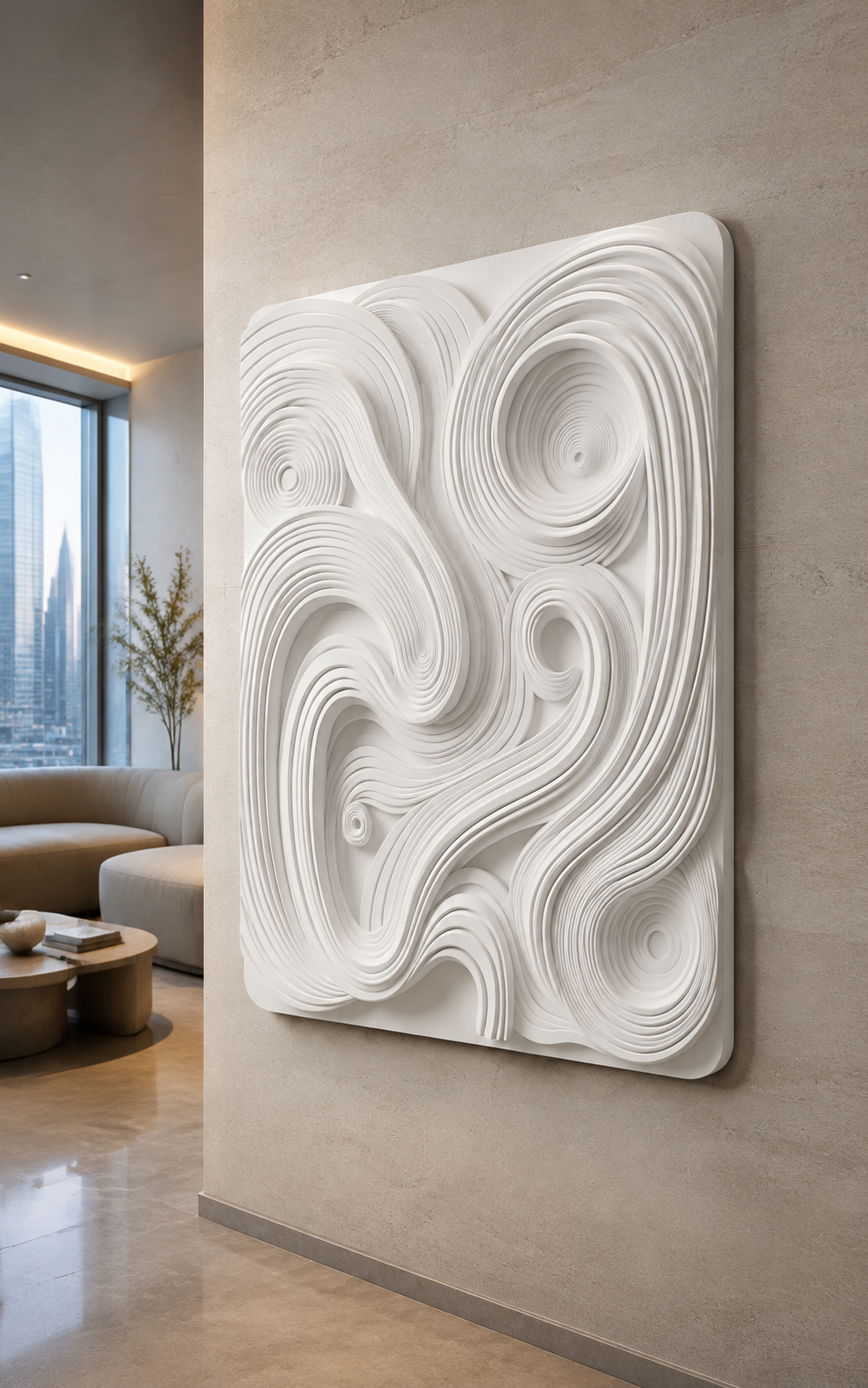 Coiled Wave Labyrinth satin white Corian wall panel, left view in the Lower Parel media salon