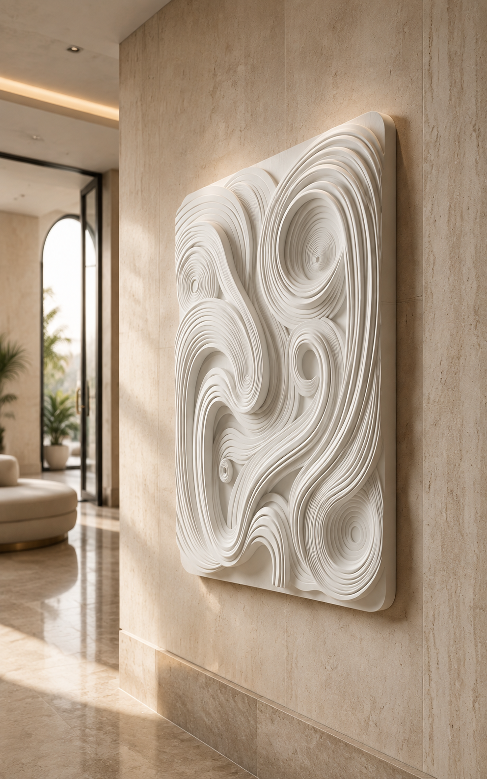 Coiled Wave Labyrinth satin white Corian wall panel, right view in the Bandra entrance lobby