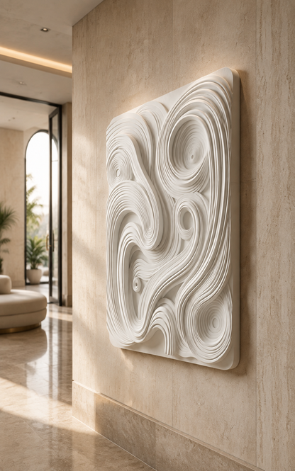 Coiled Wave Labyrinth satin white Corian wall panel, right view in the Bandra entrance lobby