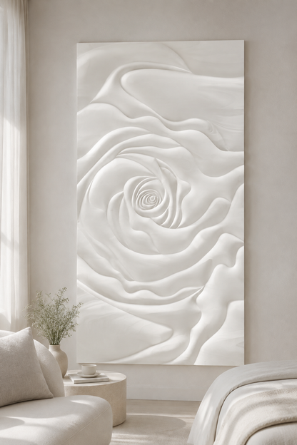 Rosewater Vortex satin white Corian wall panel, front view in the Juhu master-bedroom sitting area