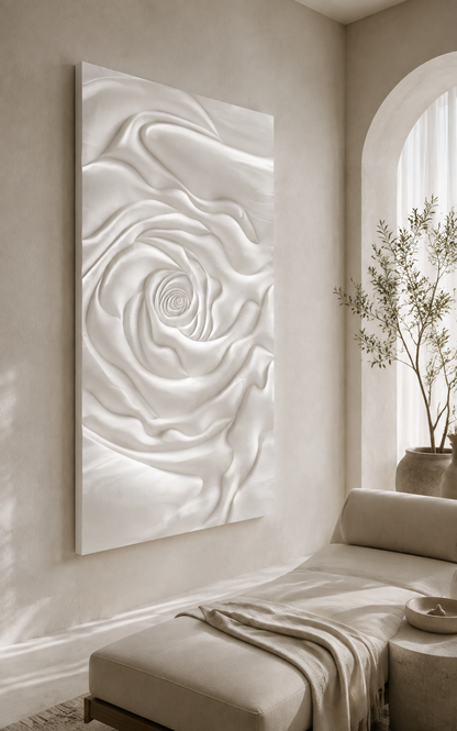 Rosewater Vortex satin white Corian wall panel, left view in the Bandra wellness lounge