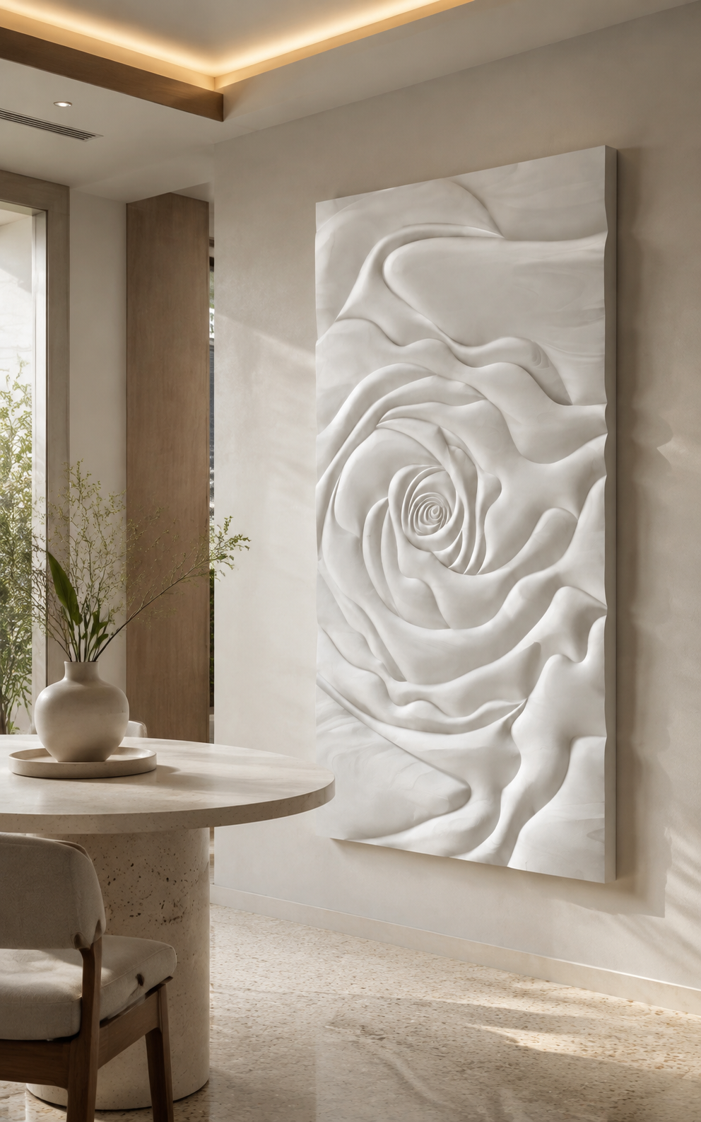 Rosewater Vortex satin white Corian wall panel, right view in the Powai dining foyer