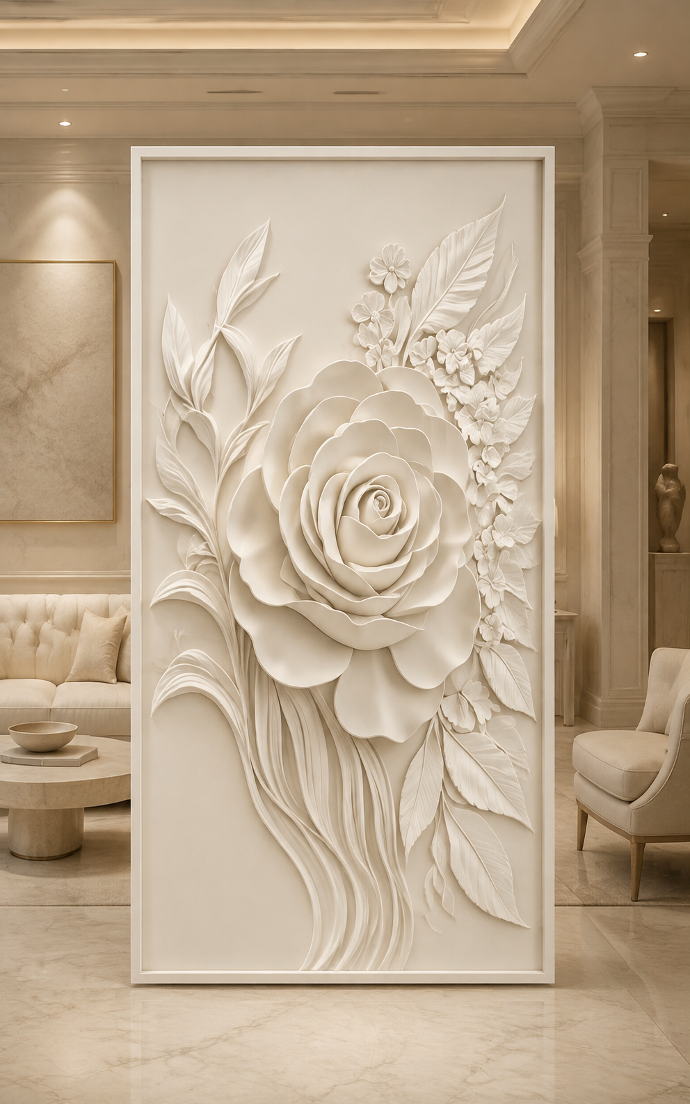 Grand Rose Cascade satin white Corian wall panel, front view in the Malabar Hill formal living room