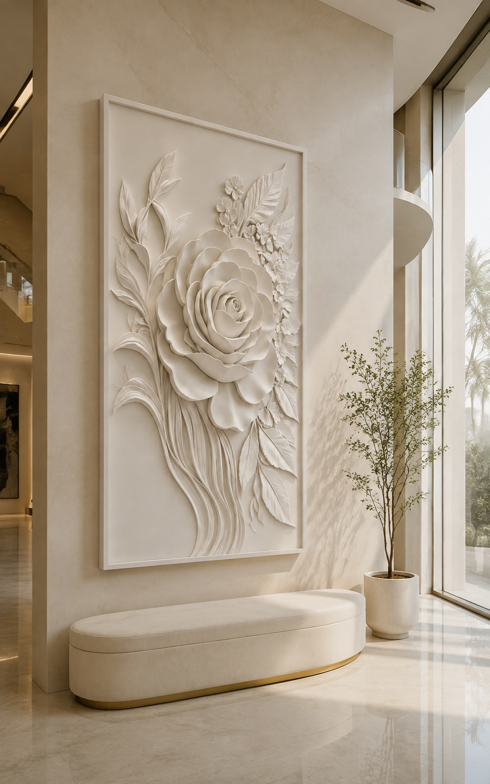 Grand Rose Cascade satin white Corian wall panel, left view in the Worli double-height foyer