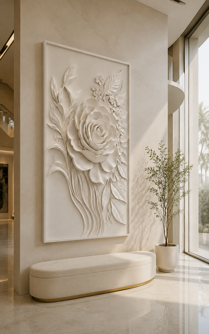 Grand Rose Cascade satin white Corian wall panel, left view in the Worli double-height foyer