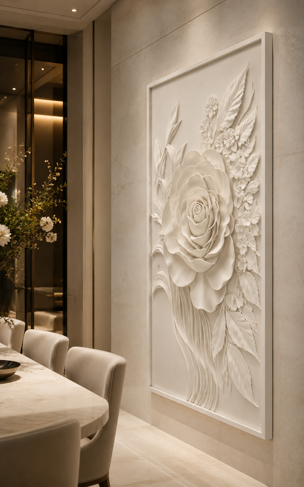 Grand Rose Cascade satin white Corian wall panel, right view in the South Mumbai dining gallery