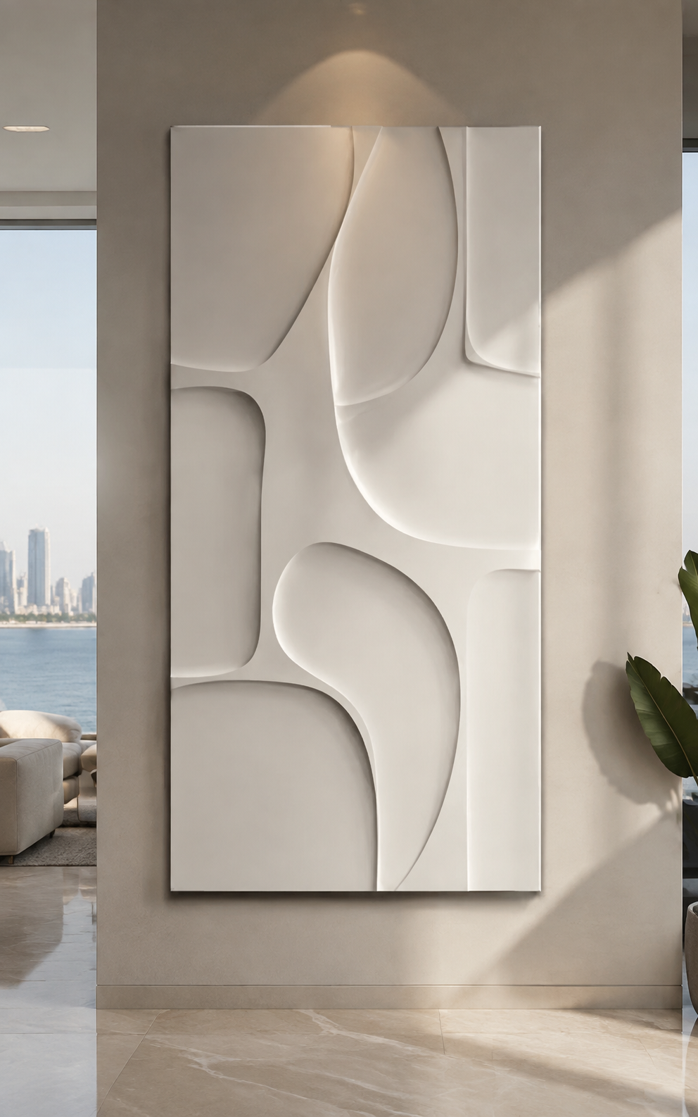 Sinuous Apertures satin white Corian wall panel, front view in the Worli sea-view living room
