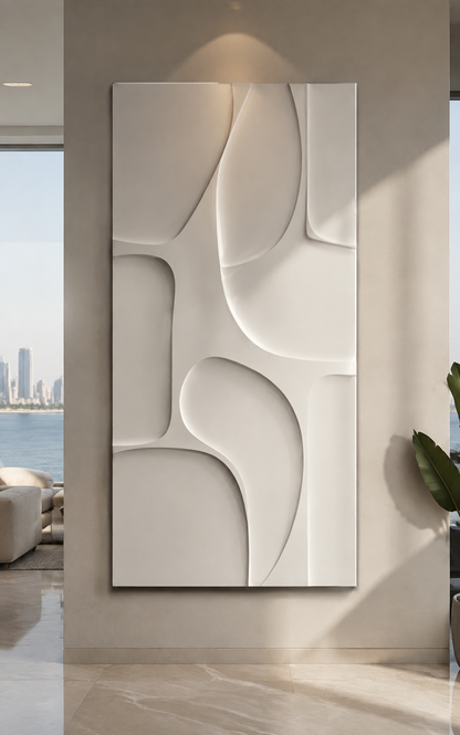 Sinuous Apertures satin white Corian wall panel, front view in the Worli sea-view living room