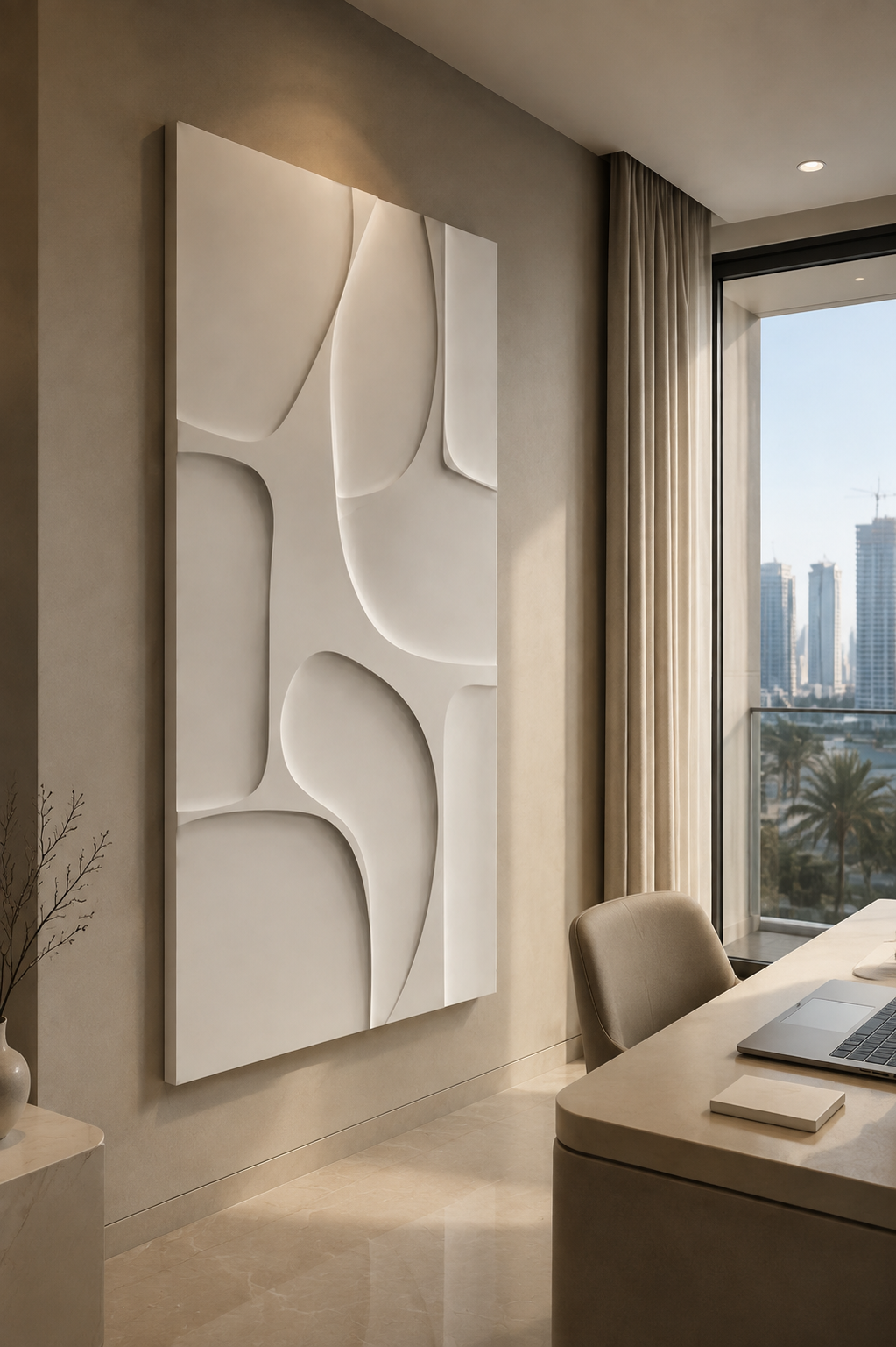 Sinuous Apertures satin white Corian wall panel, left view in the Bandra executive study