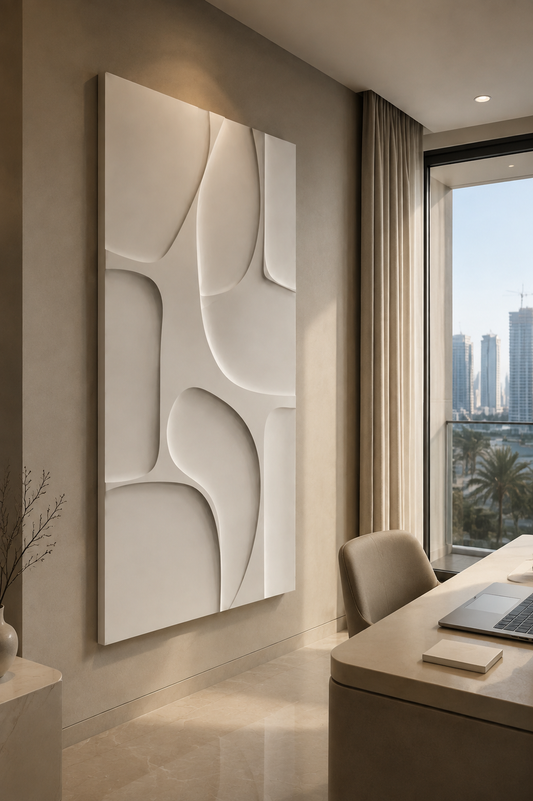 Sinuous Apertures satin white Corian wall panel, left view in the Bandra executive study