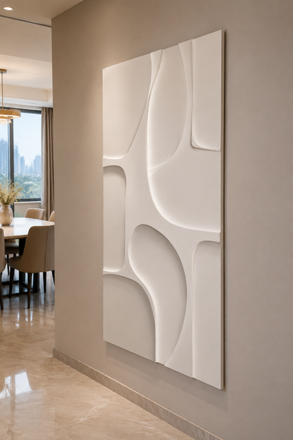 Sinuous Apertures satin white Corian wall panel, right view in the Powai dining foyer