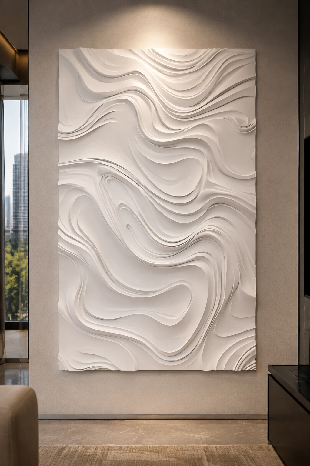 Topographic Tides satin white Corian wall panel, front view in the Bandra media lounge
