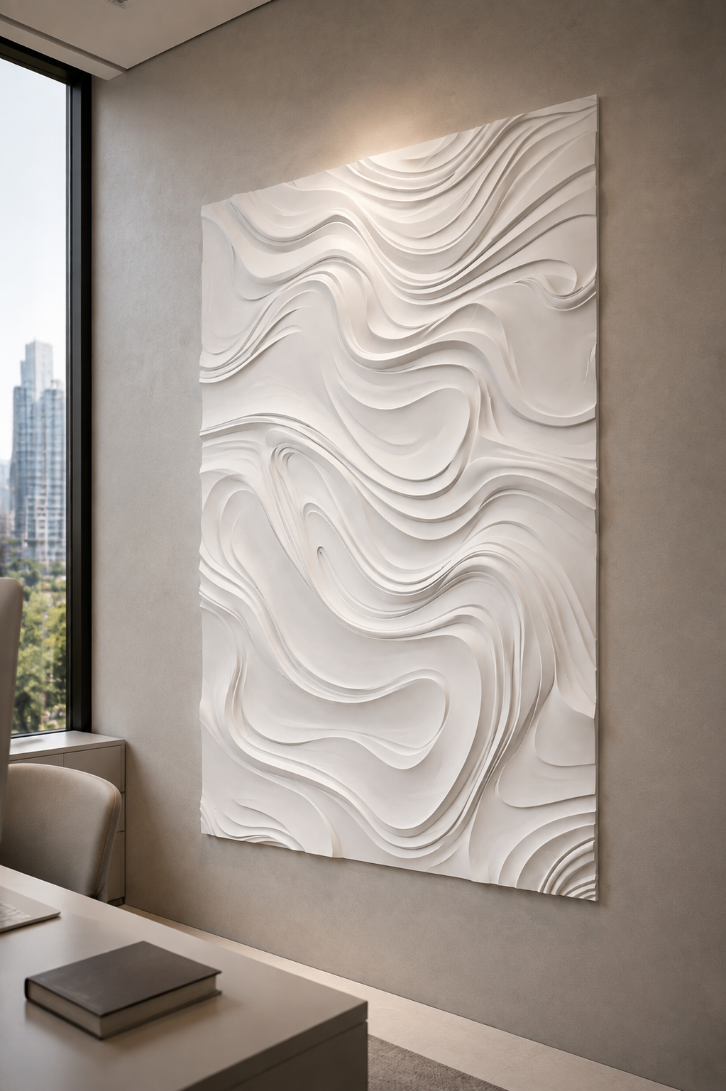 Topographic Tides satin white Corian wall panel, left view in the Lower Parel home office