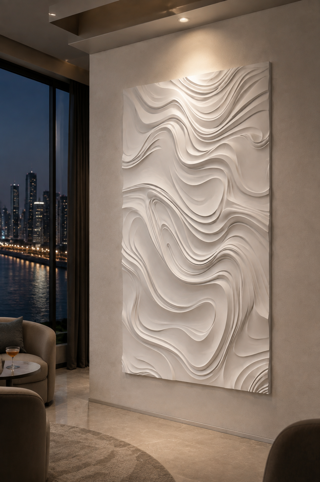 Topographic Tides satin white Corian wall panel, right view in the Marine Drive cocktail salon