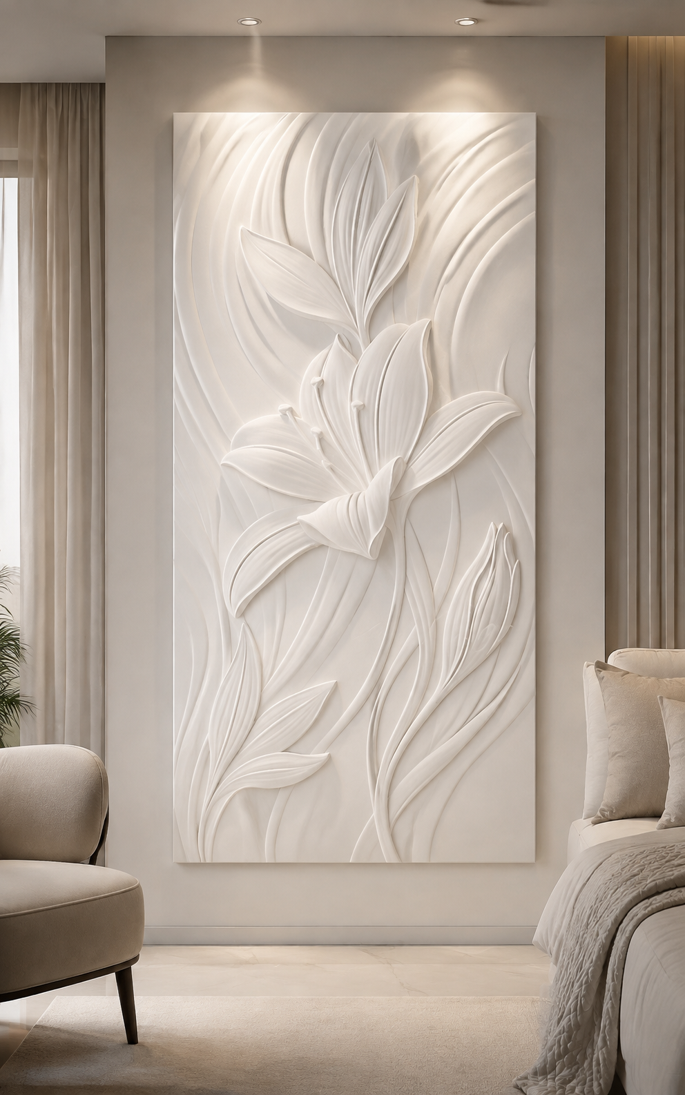 Lily Arc satin white Corian wall panel, front view in the Juhu master-bedroom sitting lounge