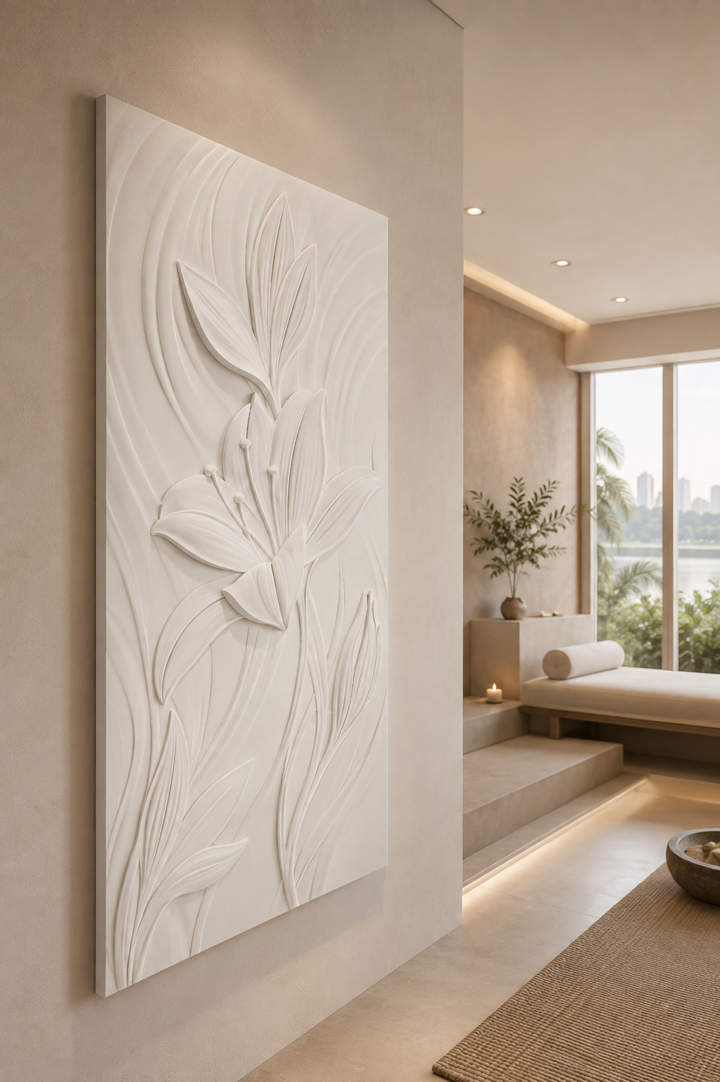 Lily Arc satin white Corian wall panel, left view in the Powai wellness lounge