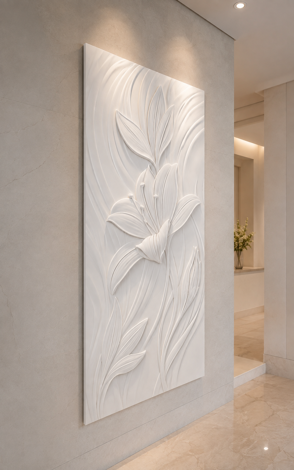 Lily Arc satin white Corian wall panel, right view in the Peddar Road entrance passage