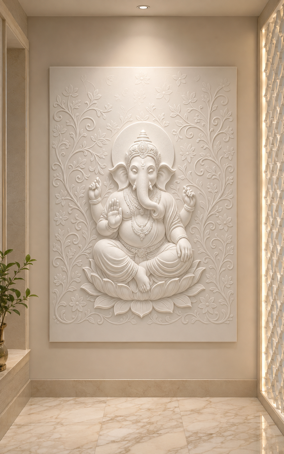 Lotus Ganesha Vines satin white Corian wall panel, front view in the South Mumbai pooja-room anteroom