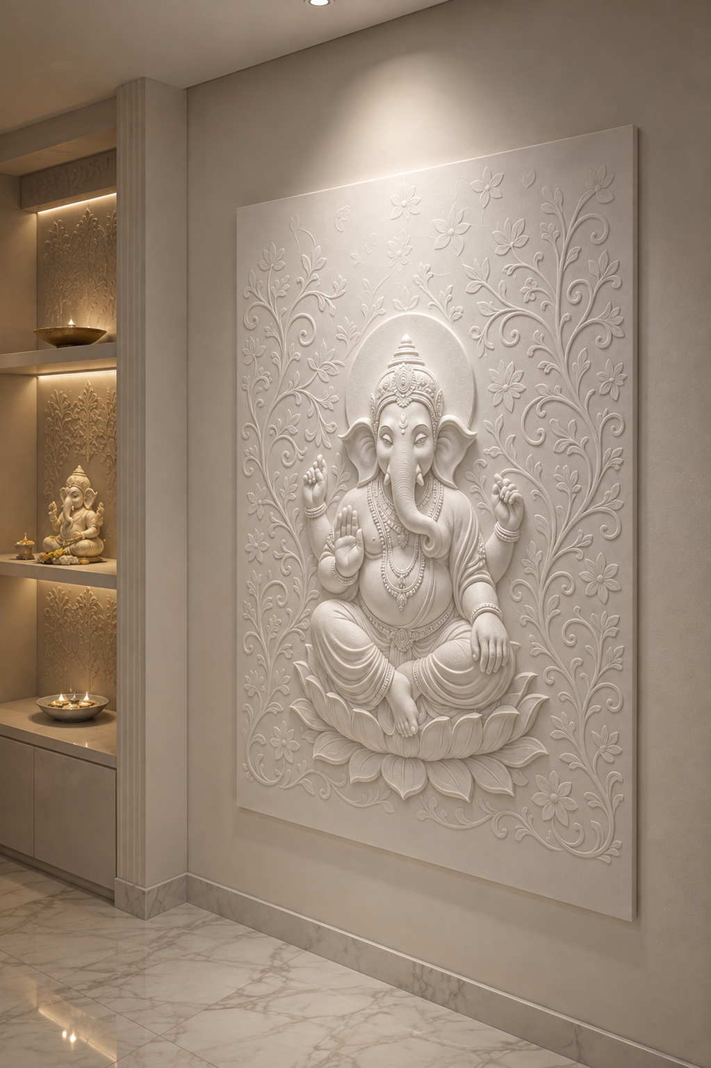 Lotus Ganesha Vines satin white Corian wall panel, left view in the Ghatkopar family prayer lounge