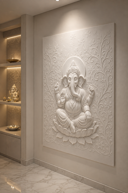 Lotus Ganesha Vines satin white Corian wall panel, left view in the Ghatkopar family prayer lounge