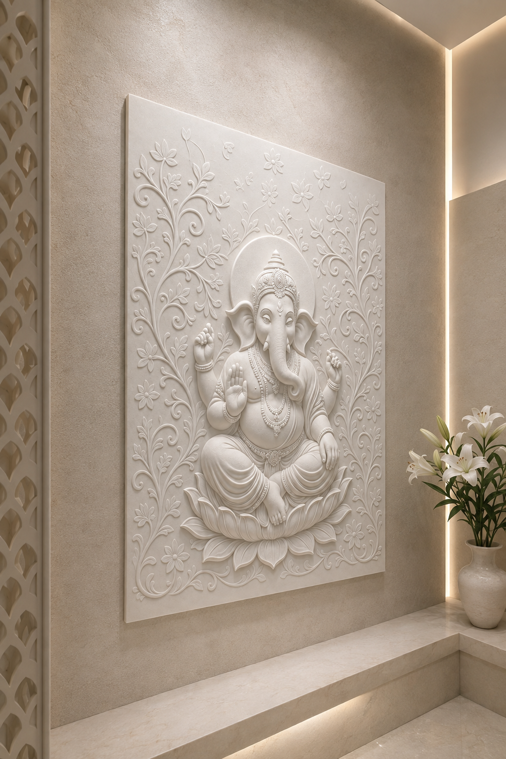 Lotus Ganesha Vines satin white Corian wall panel, right view in the Juhu entrance sanctuary