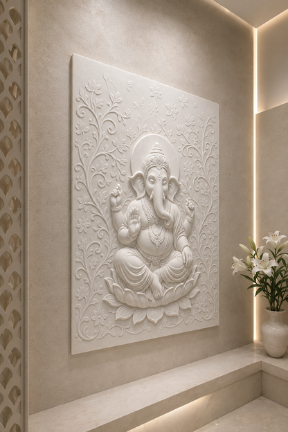 Lotus Ganesha Vines satin white Corian wall panel, right view in the Juhu entrance sanctuary